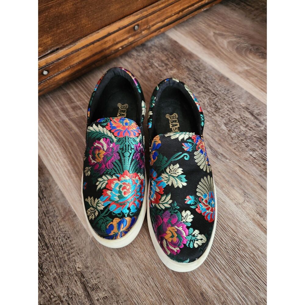 BRASH Cody Women's Floral Brocade Slip-on Sneakers Black Metallic Emroidered